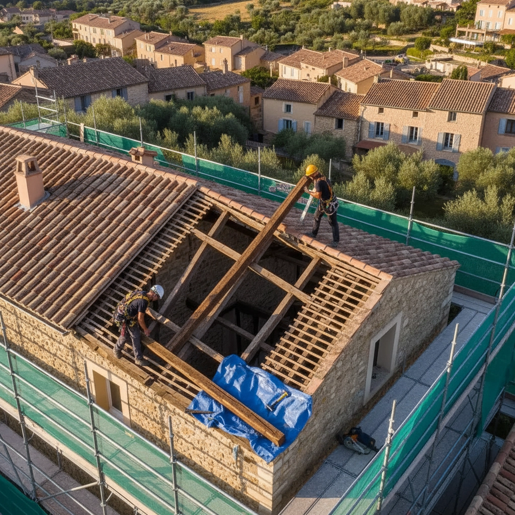 charpentier répare un toit à issoire